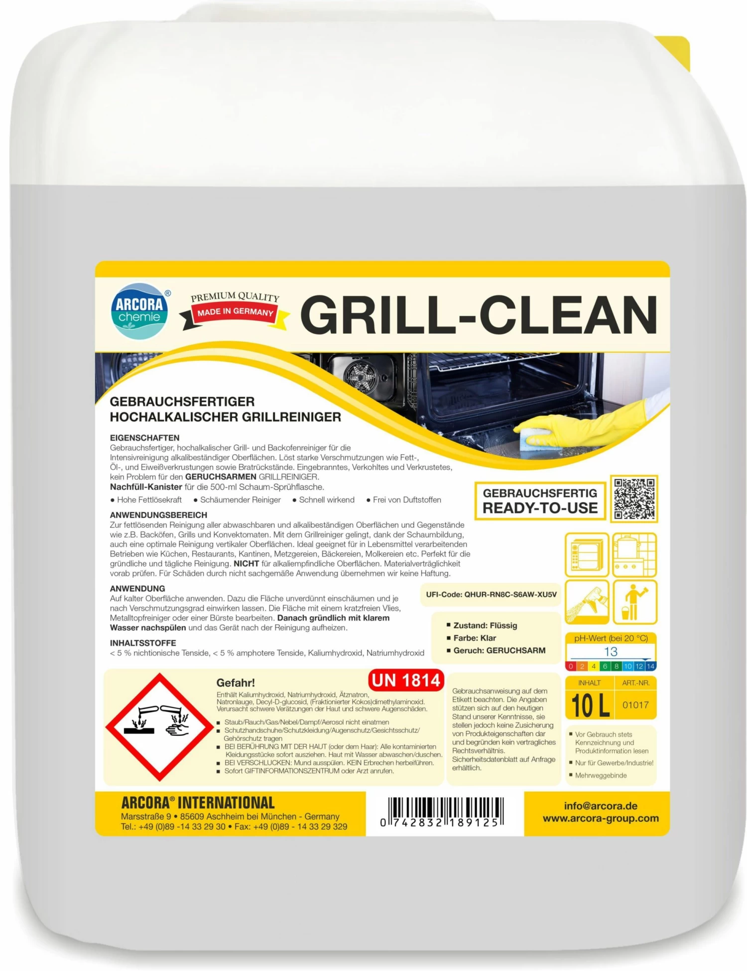 ARCORA Gebrauchsfertiger Hochalkalischer Grillreiniger GRILL-CLEAN, 10L 1 ARCORA Gebrauchsfertiger Hochalkalischer Grillreiniger GRILL-CLEAN, 10L
